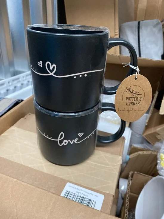 Potter's Corner Set of 2 Stackable Mugs Black Matte Love & Hearts NEW - Picture 1 of 3